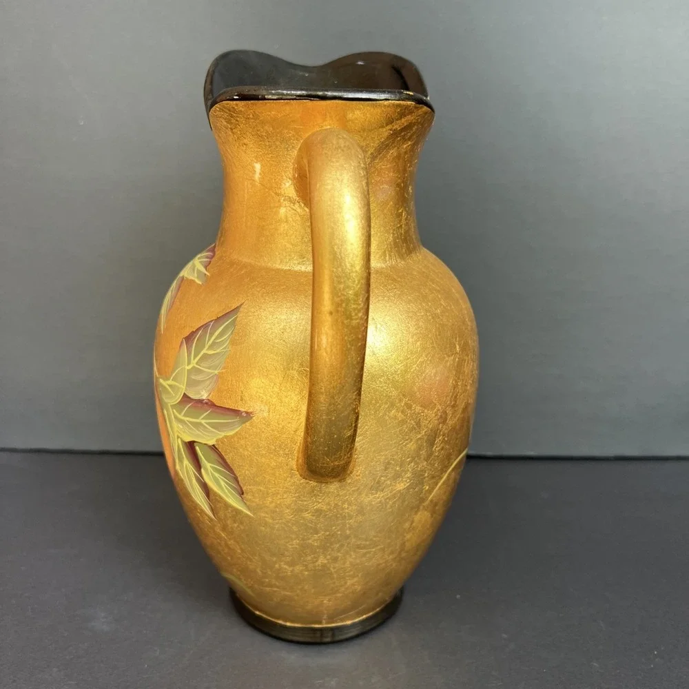 VTG Gold Gilt Hand Painted Fruit Pitcher Vase Stoneware Japan Style 9.5